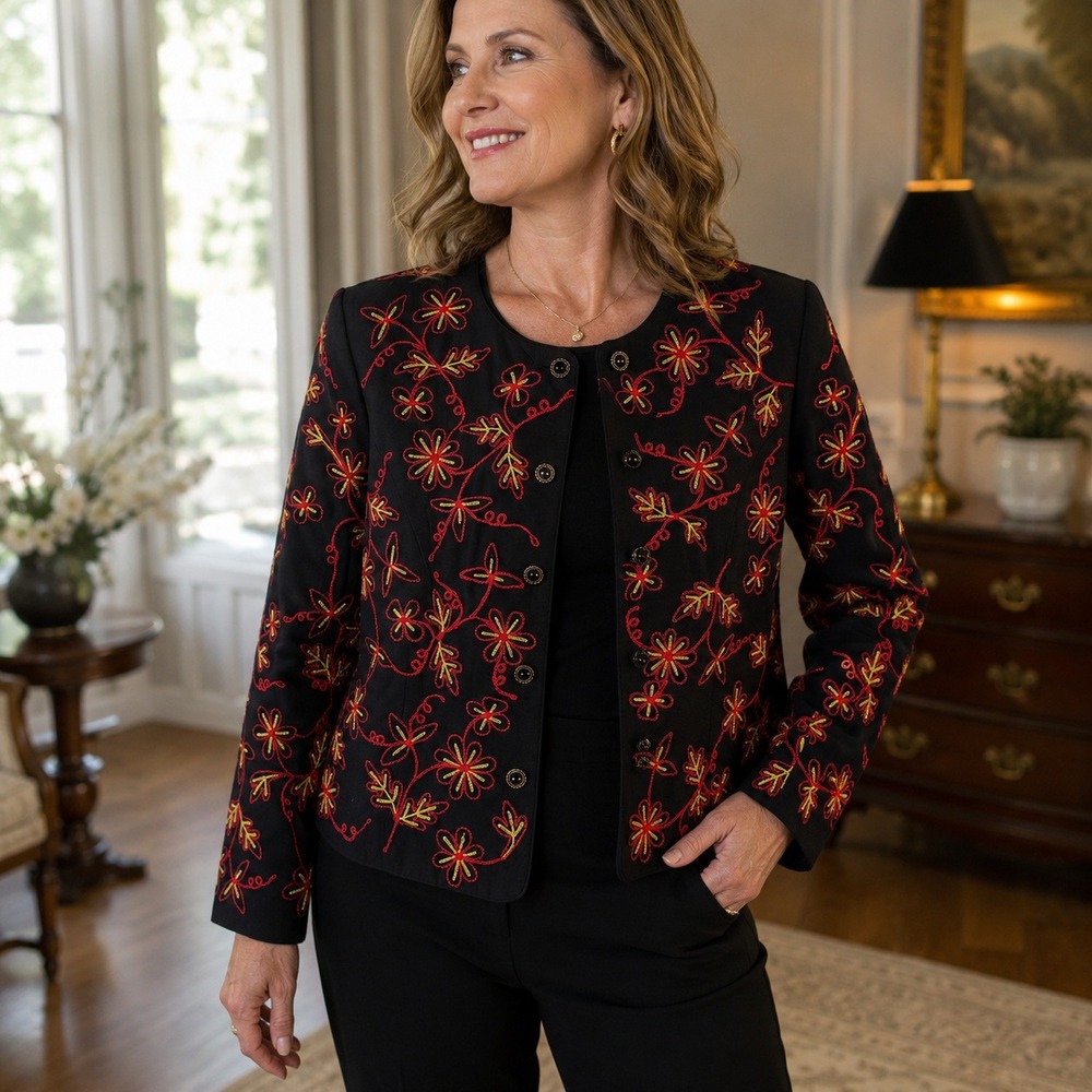Maggy L 100% Silk Embroidered Floral Jacket Black Women's 12 Art Wear